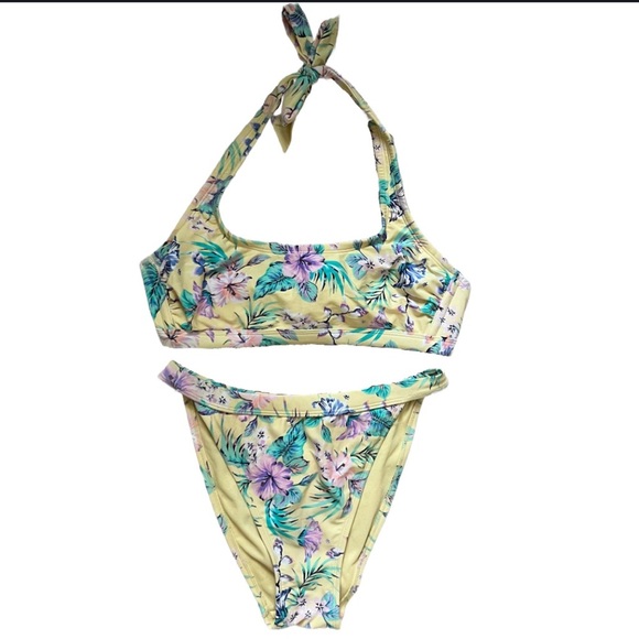 Xhilaration Other - Xhilaration Halter High leg Yellow Floral Bikini Set woman’s size D/DD size L
